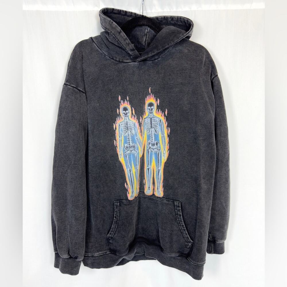 Gothic Punk Style Skeleton Fire Print Grunge Pullover Sweatshirt Unisex Large